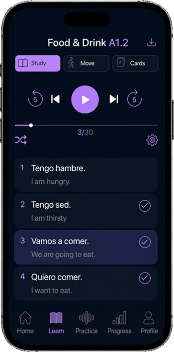 Learnest AI language learning app - audio player and speaking practice preview