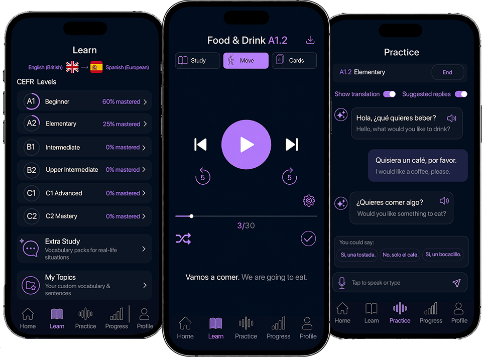 Learnest speaking practice app interface on mobile and tablet devices